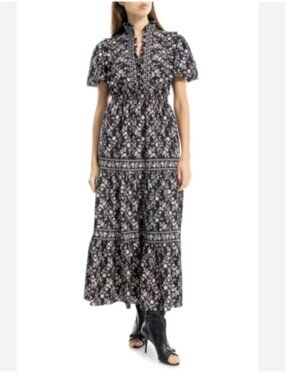 Max Studio Vintage Blue Floral Tiered Maxi Dress Size M with Smocked Waist